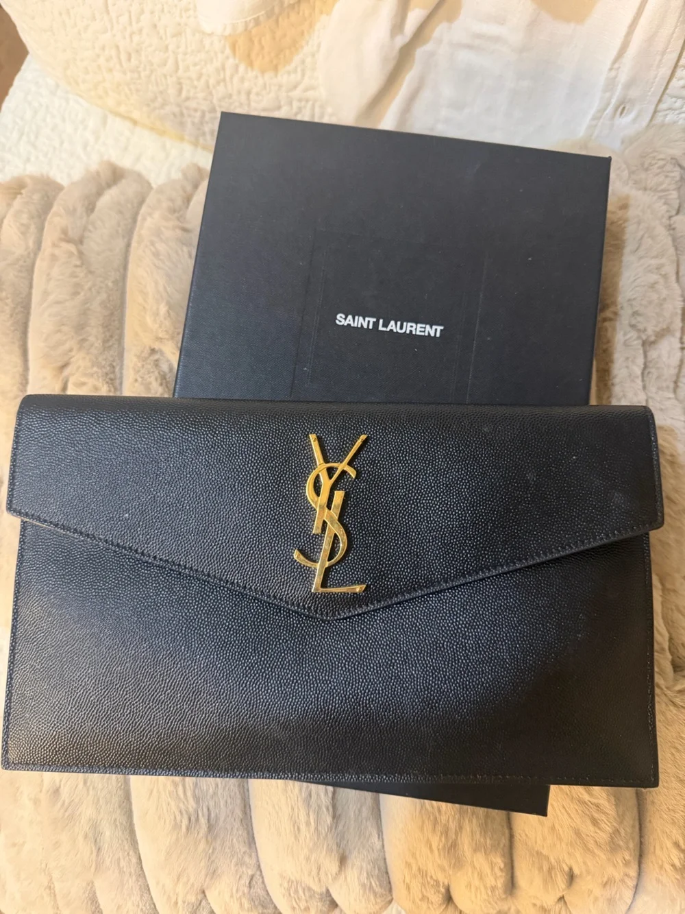 Saint Laurent Black Pebbled Leather Tote with Gold Logo - Picture 1 of 7